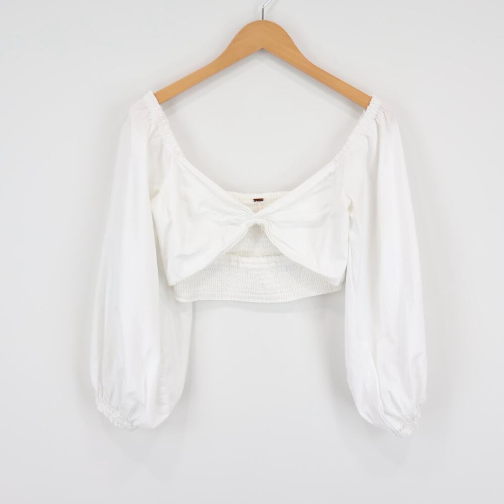 Free People Cropped Smocked Boho Long Puff Sleeve Top White Size XS